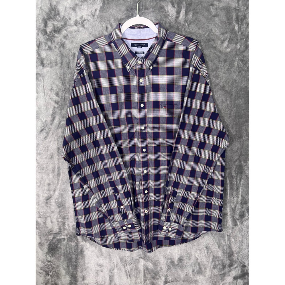 Tommy Hilfiger Mens XXL Classic Fit Plaid Button Dow Shirt NavyBlue Red Long Slv